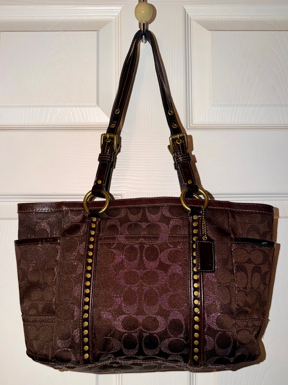 Authentic Coach Brown Purple Glitter Signature Studded Tote F12853 COA